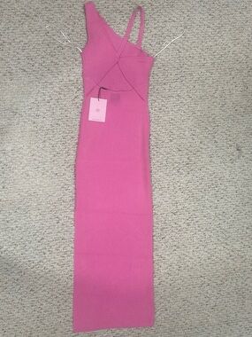 Hello Molly Hot Pink Ribbed Midi Dress with Asymmetric Straps